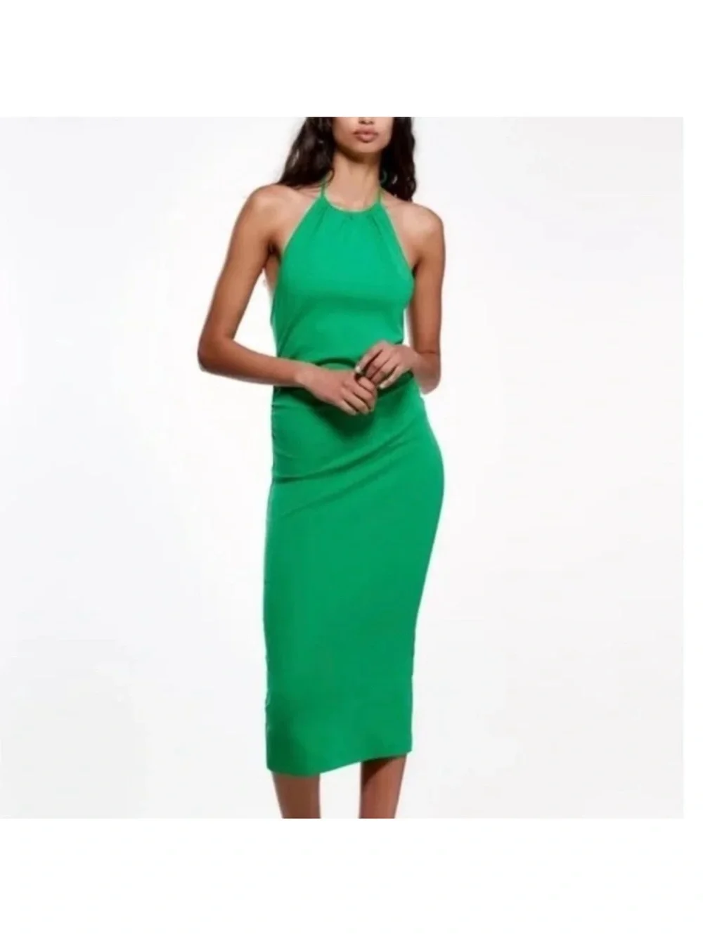 green bodycon dress zara Green Ribbed Midi Dress